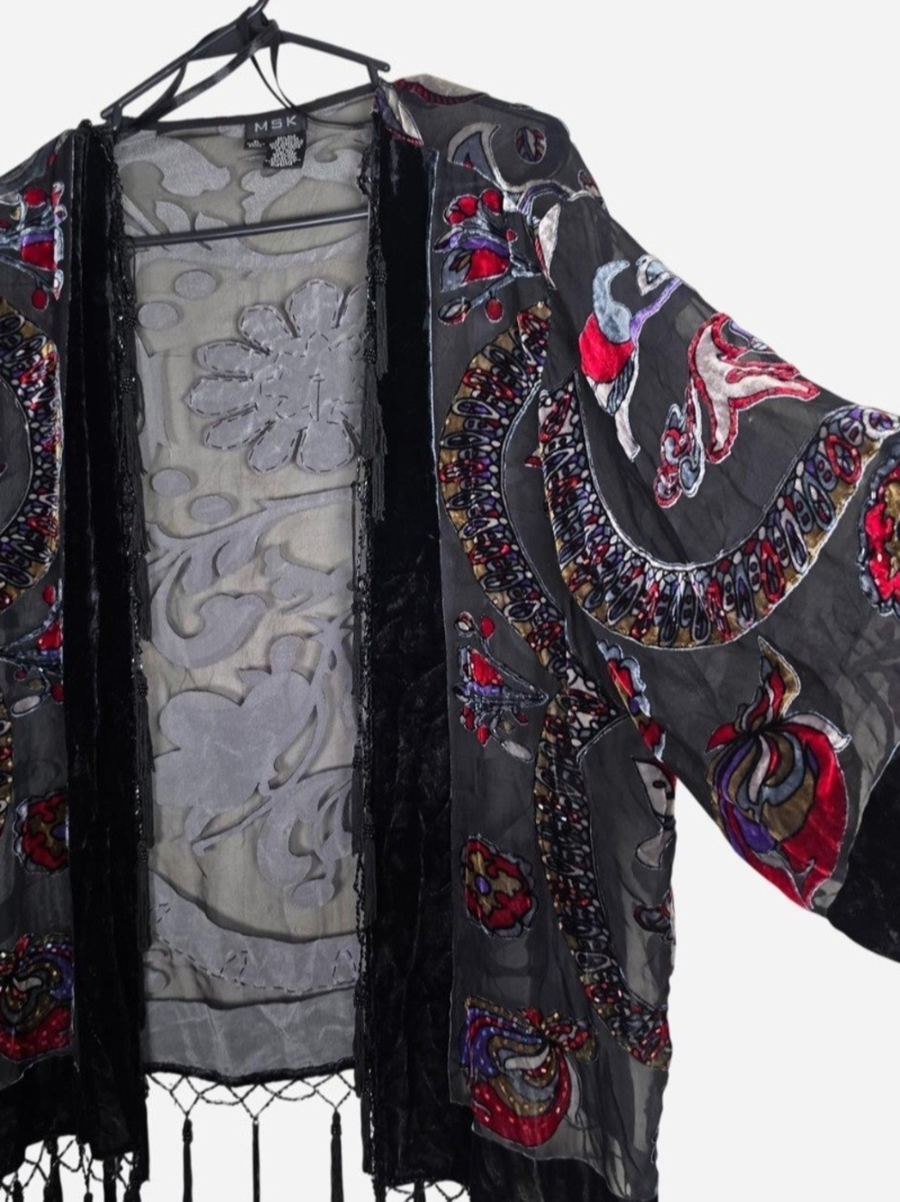 Y2k Velvet Burnout Black Floral Fringe Cardigan Kimono Whimsigoth Boho Size XL